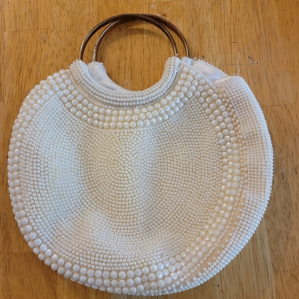 Vintage 60's Beaded Purse Evening Bag Clutch White Off-White Satin Interior - Picture 7 of 7